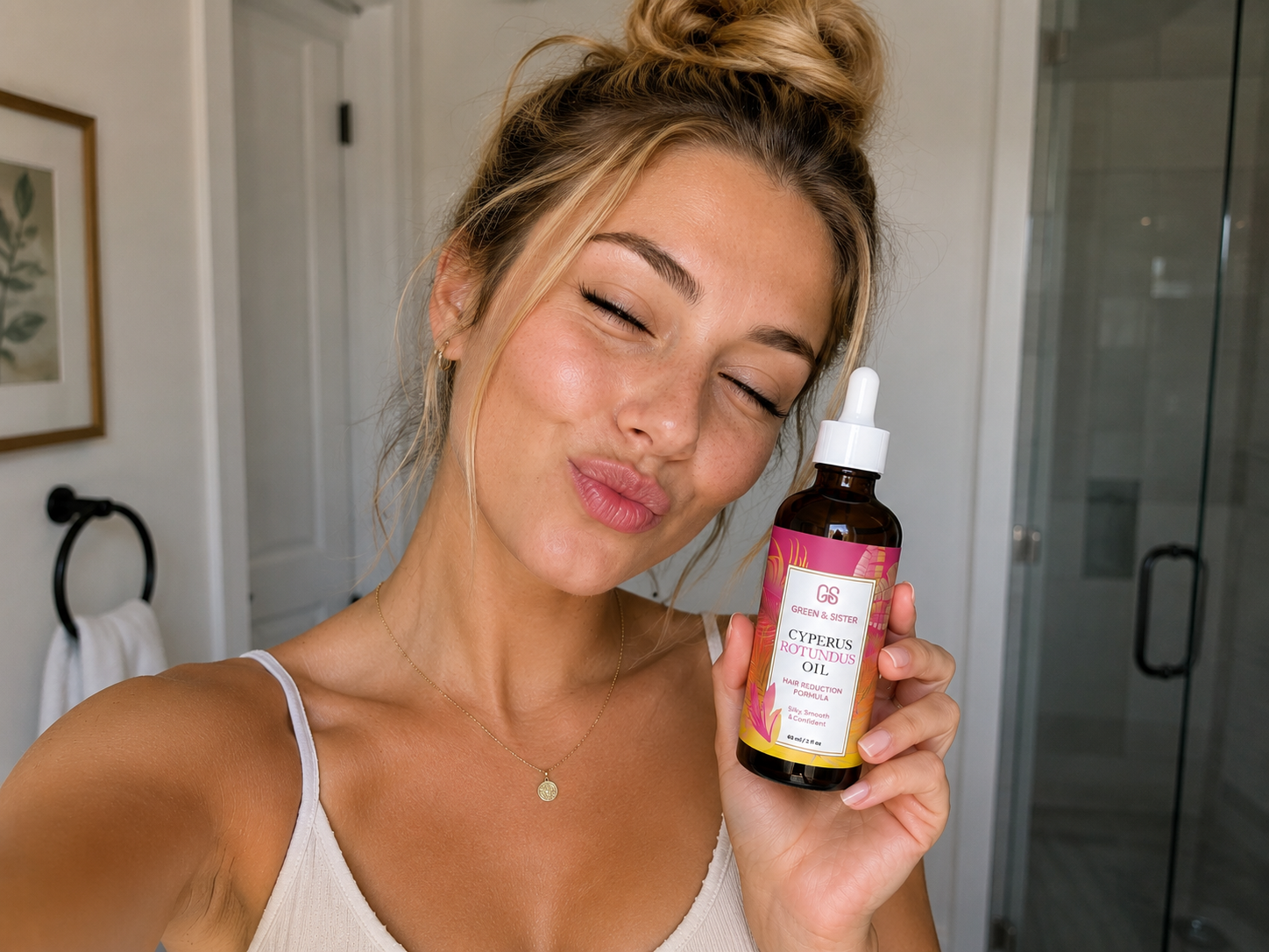 Happy customer holding SilkAway hair-reduction oil
